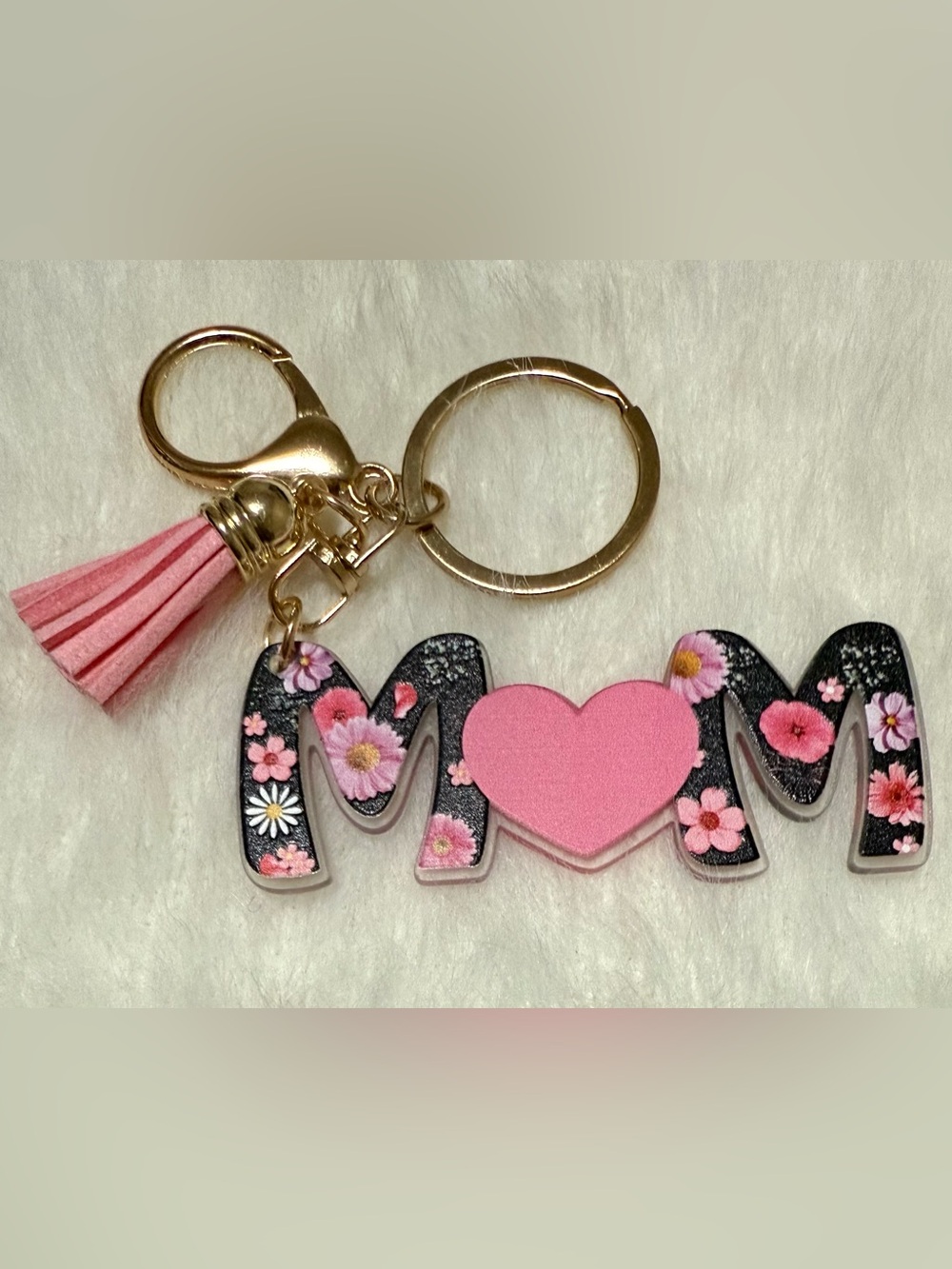 Pink Floral 'MOM' Keychain with Tassel